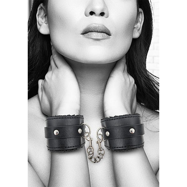 Ouch Black & White Plush Bonded Leather Wrist Cuffs