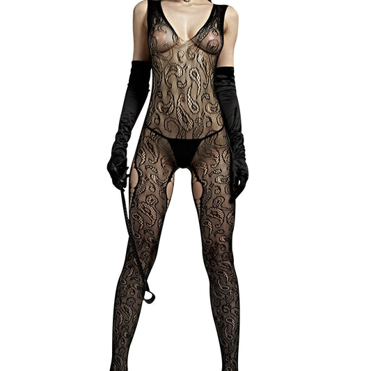 Love in Leather Rimes Crotchless V Neck Bodystocking