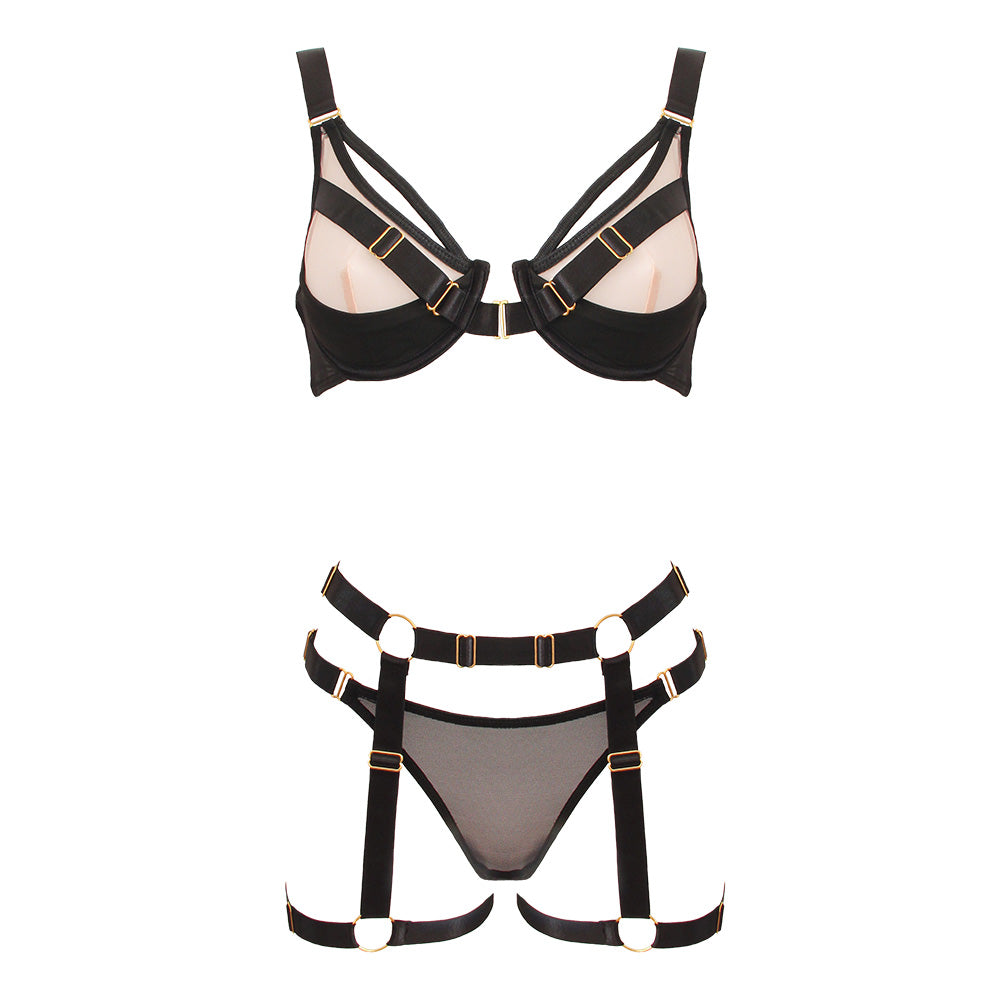 Love in Leather Contrast Black & Nude 3 Piece Bra Set