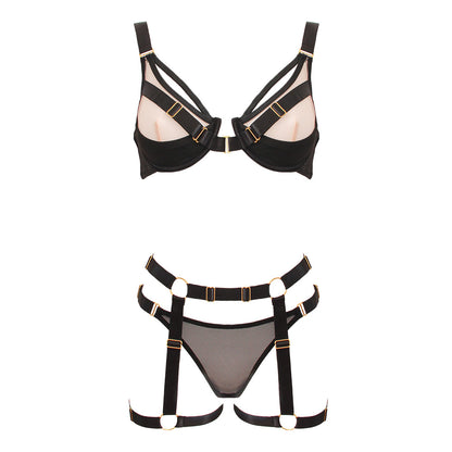 Love in Leather Contrast Black & Nude 3 Piece Bra Set