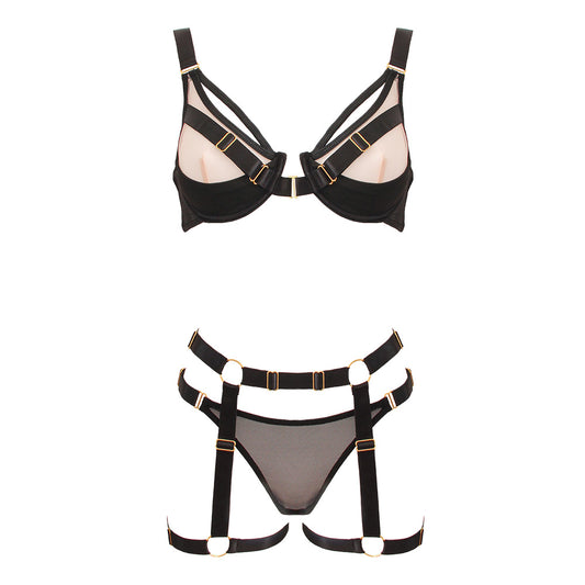Love in Leather Contrast Black & Nude 3 Piece Bra Set