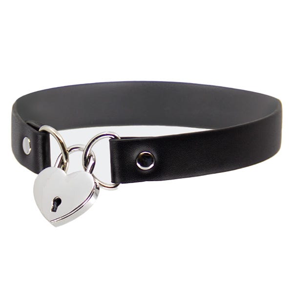 Love In Leather Silver Heart Padlock Choker