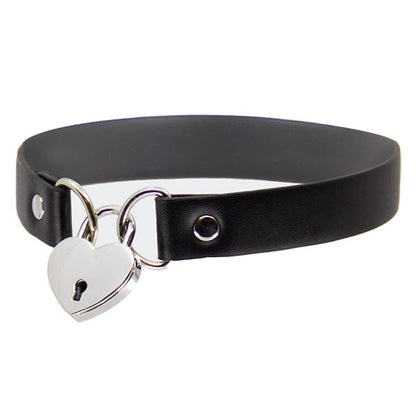 Love In Leather Silver Heart Padlock Choker