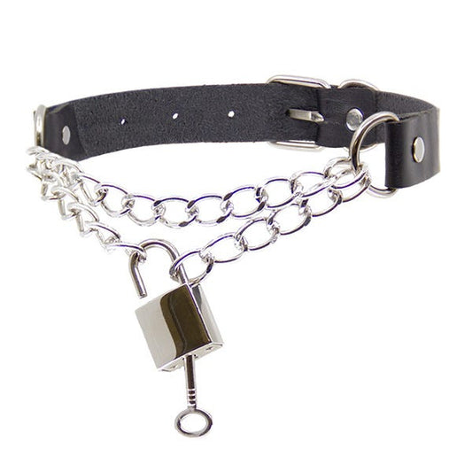 Love In Leather Faux Leather Chain Choker with Padlock