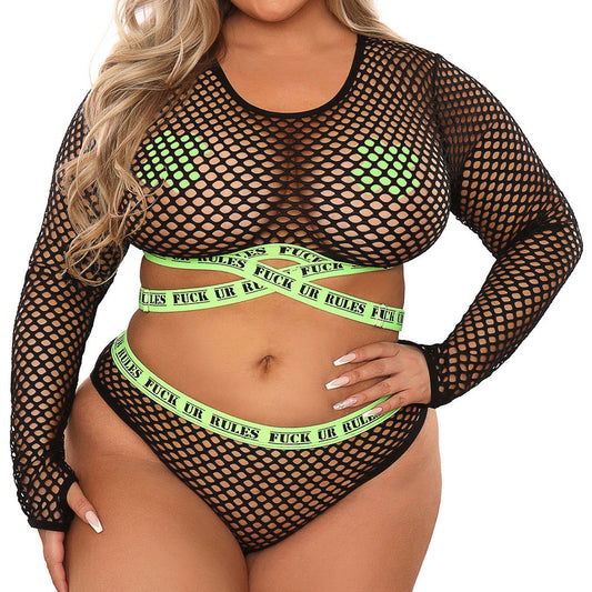 Fantasy Lingerie Vibes Fuck Ur Rules Longsleeve Crop Top, Panty & Pasties Set