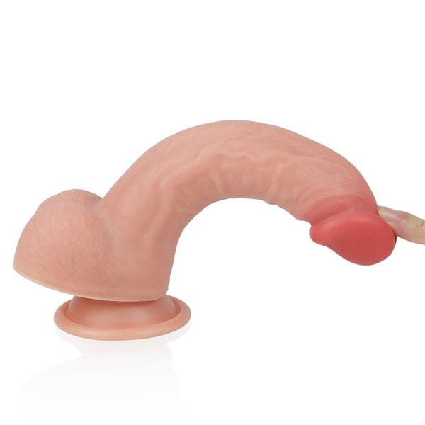 Lovetoy 8-Inch Dual Layered Curved Platinum Silicone Nature Cock Dildo with Balls