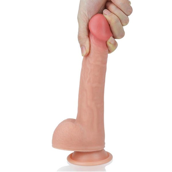 Lovetoy 8-Inch Dual Layered Curved Platinum Silicone Nature Cock Dildo with Balls