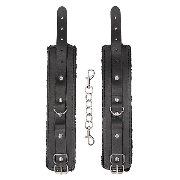 Ouch Black & White Plush Bonded Leather Wrist Cuffs