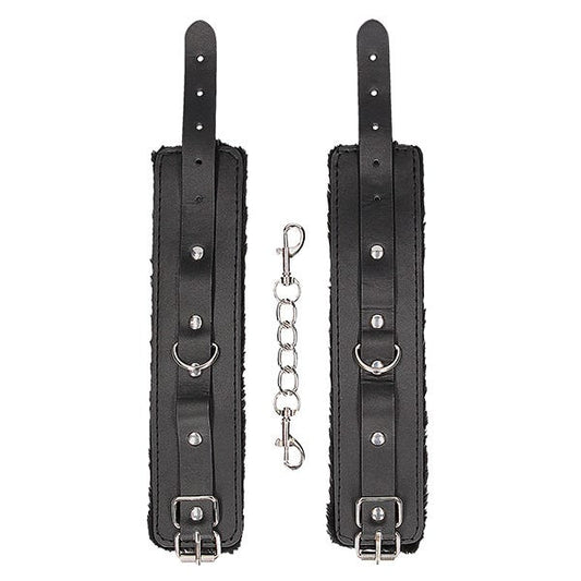 Ouch Black & White Plush Bonded Leather Wrist Cuffs