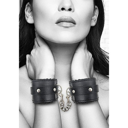 Ouch Black & White Plush Bonded Leather Wrist Cuffs