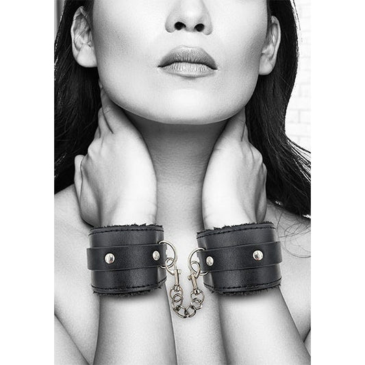Ouch Black & White Plush Bonded Leather Wrist Cuffs
