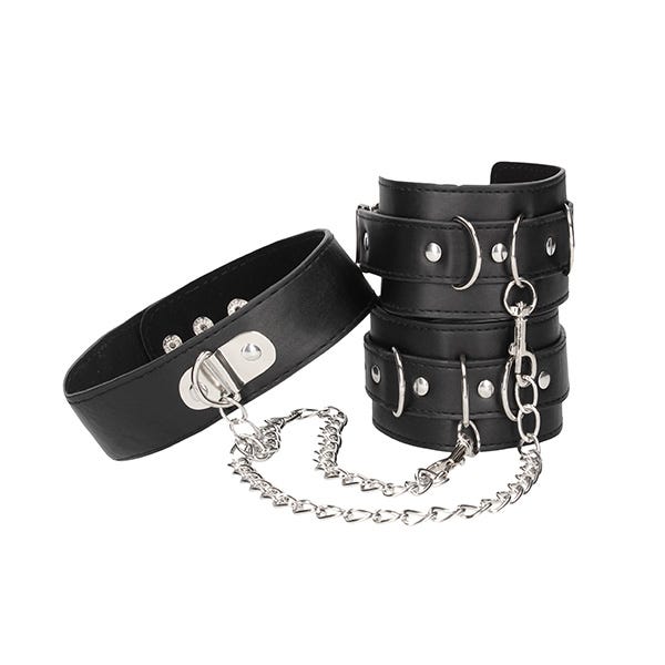 Ouch Black & White Bonded Leather Collar and Wrist Cuff