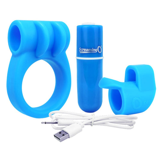Screaming O Charged Combo Kit 1 Cock Ring & Finger Vibrator - Blue