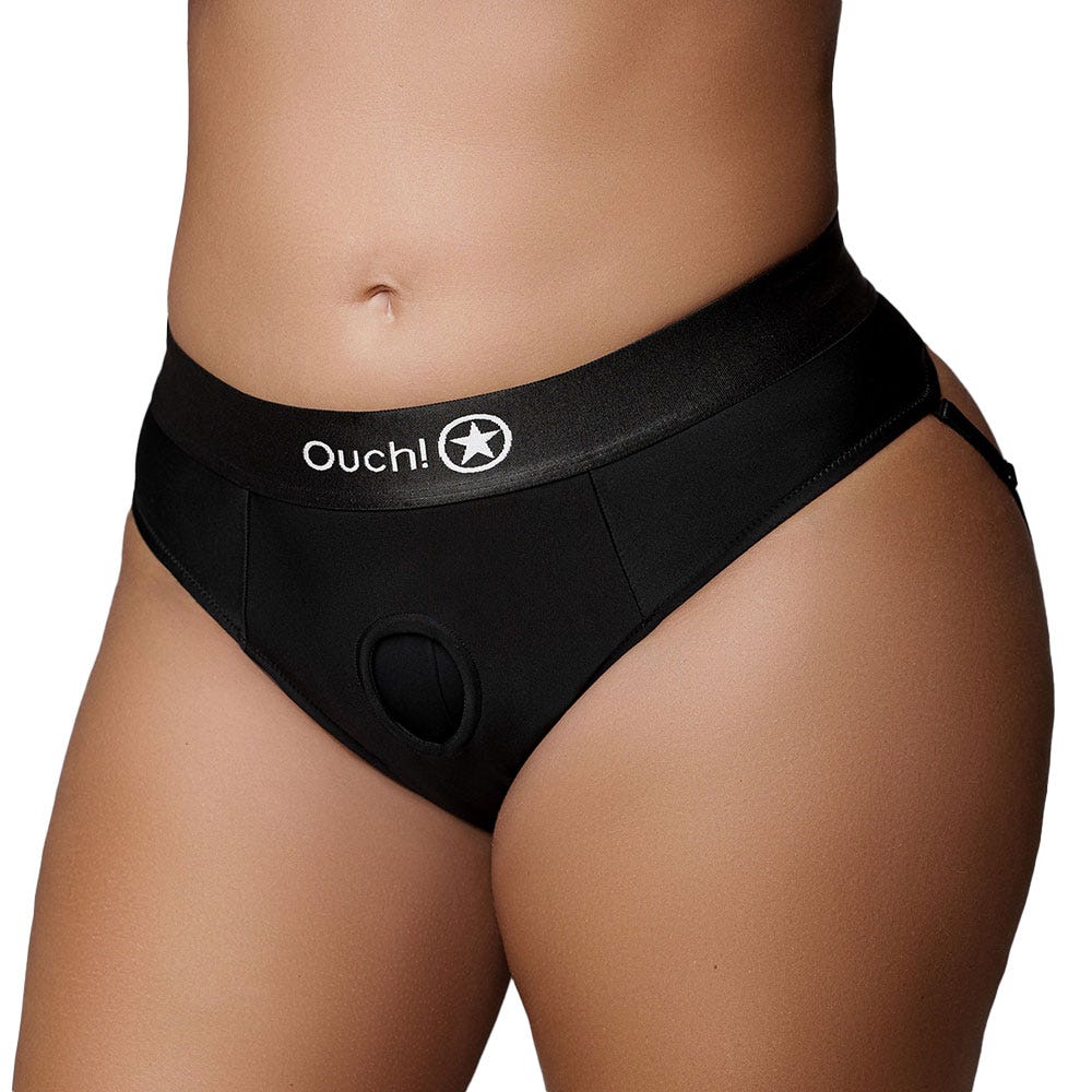 Ouch! Vibrating Strap-On Thong with Removable Rear Straps & Rechargeable Bullet - Black XL/XXL