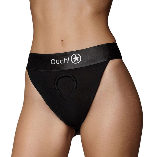 Ouch! Vibrating Strap On Panty Harness with Open Back & Rechargeable Bullet - Black XS/S