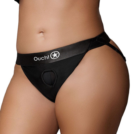 Ouch! Vibrating Strap On Panty Harness with Open Back & Rechargeable Bullet - Black XL/XXL
