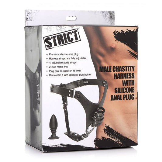 Strict Male Chastity Harness with Silicone Anal Plug