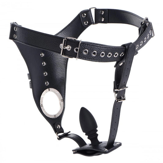 Strict Male Chastity Harness with Silicone Anal Plug